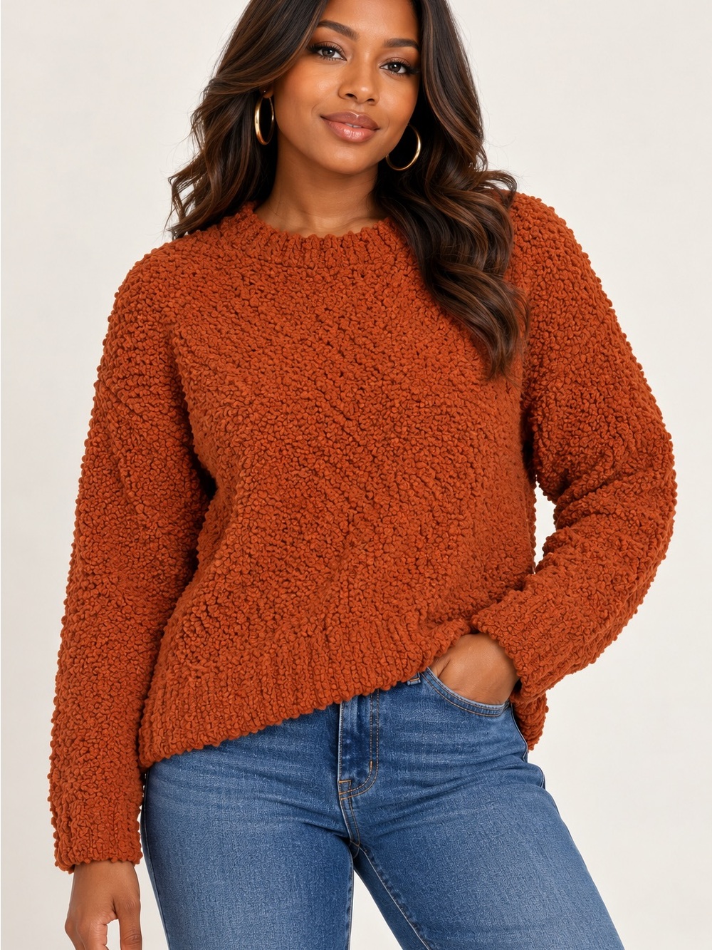 Sanctuary Textured Popcorn Crewneck Sweater - Rust Orange